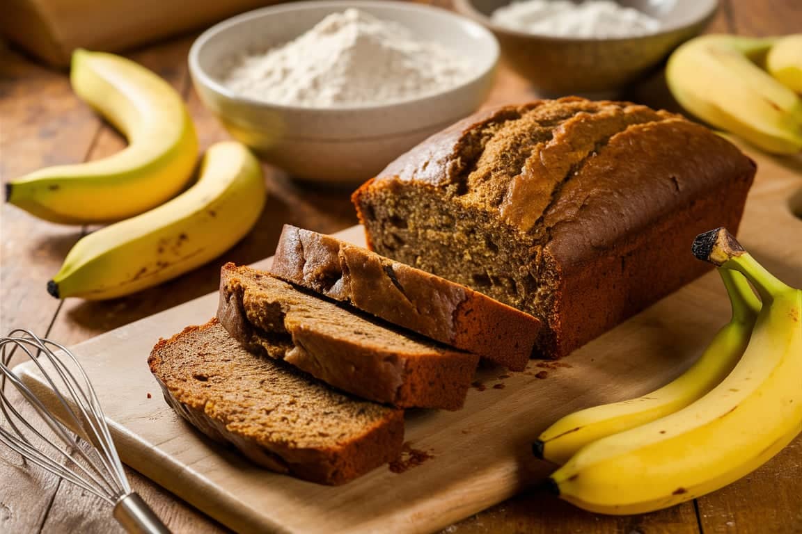 Delicious 2 banana bread recipe with a golden crust, sliced and ready to serve.