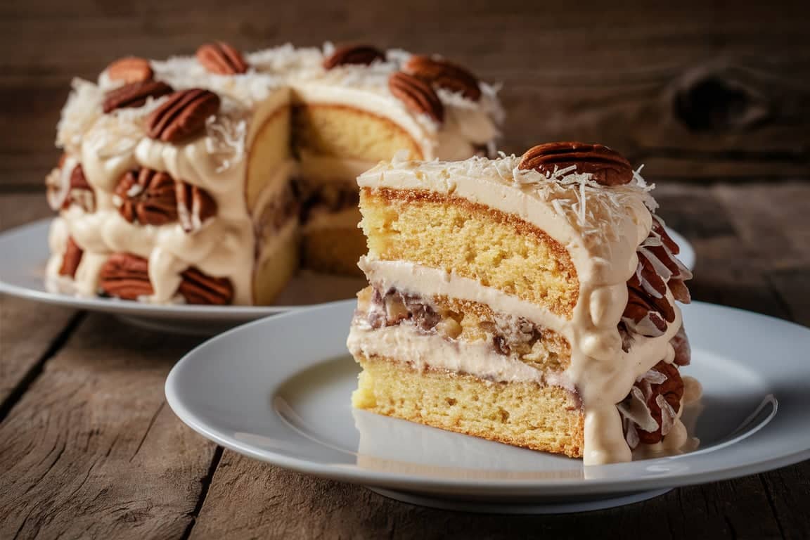 Italian Cream Cake Recipe with creamy frosting and coconut topping