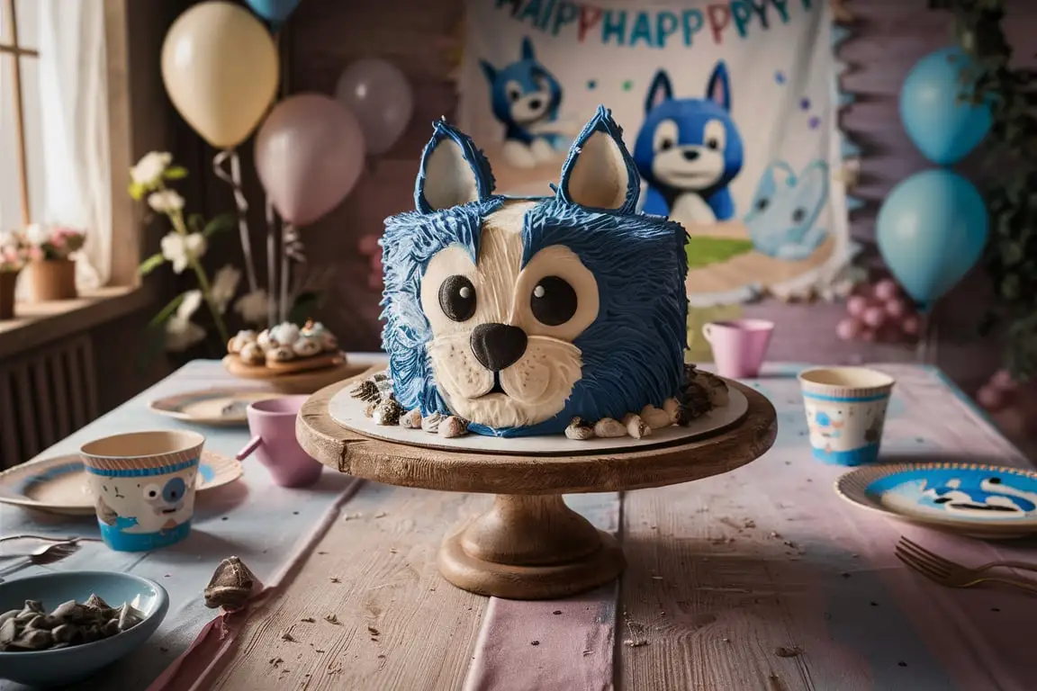 Bluey cake with realistic design for a themed birthday party