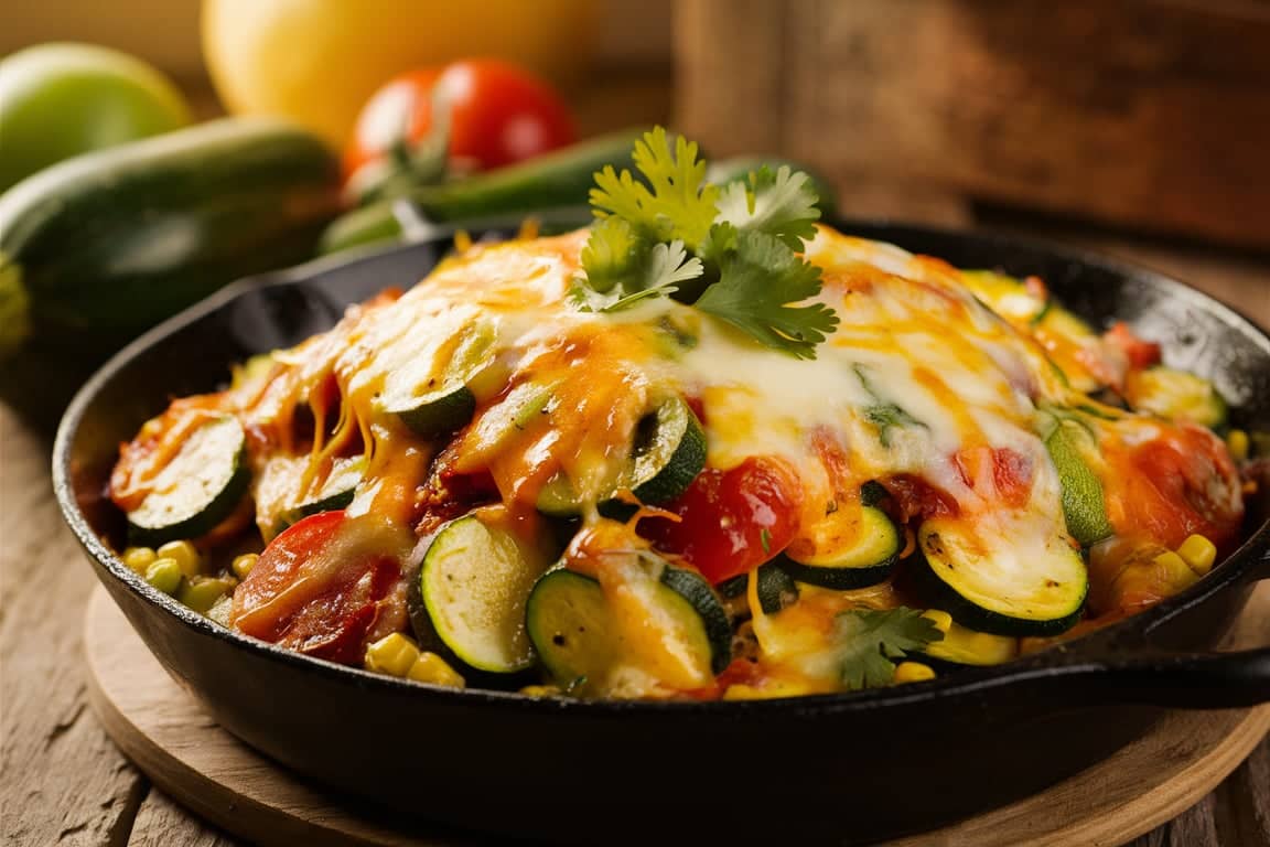 Calabacitas recipe with zucchini, corn, and cheese in a skillet