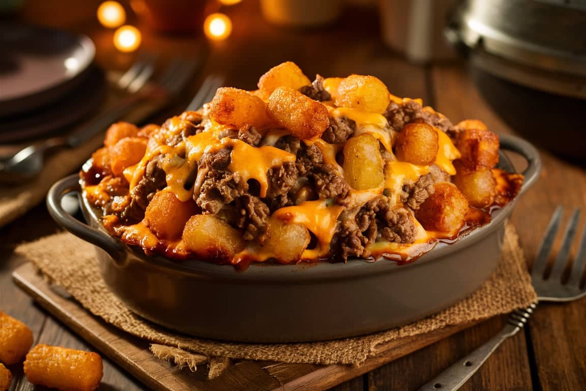 Delicious and hearty Cowboy Casserole recipe with tater tots, cheese, and ground beef, perfect for family dinners.