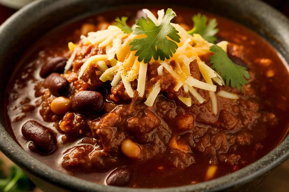 Ultimate venison chili recipe with deer meat, spices, and beans in a rustic bowl.