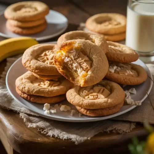 Banana pudding cookies arranged on a rustic wooden table, with crushed vanilla wafers and banana slices.