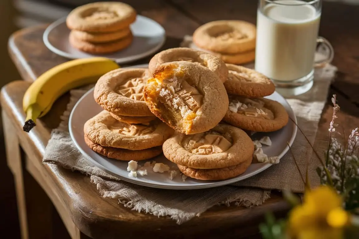 Banana pudding cookies arranged on a rustic wooden table, with crushed vanilla wafers and banana slices.