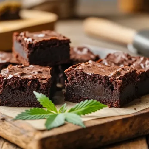 Freshly baked pot brownies, sliced on a wooden board, showing rich chocolate texture with cannabis leaves in the background.