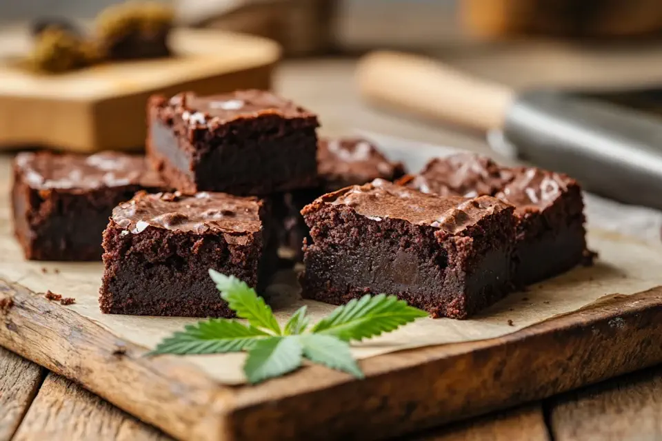 Freshly baked pot brownies, sliced on a wooden board, showing rich chocolate texture with cannabis leaves in the background.