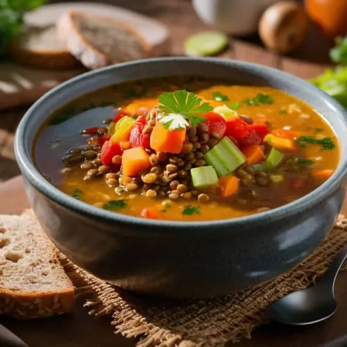 A bowl of homemade lentil soup with fresh herbs, highlighting its calories and nutritional benefits