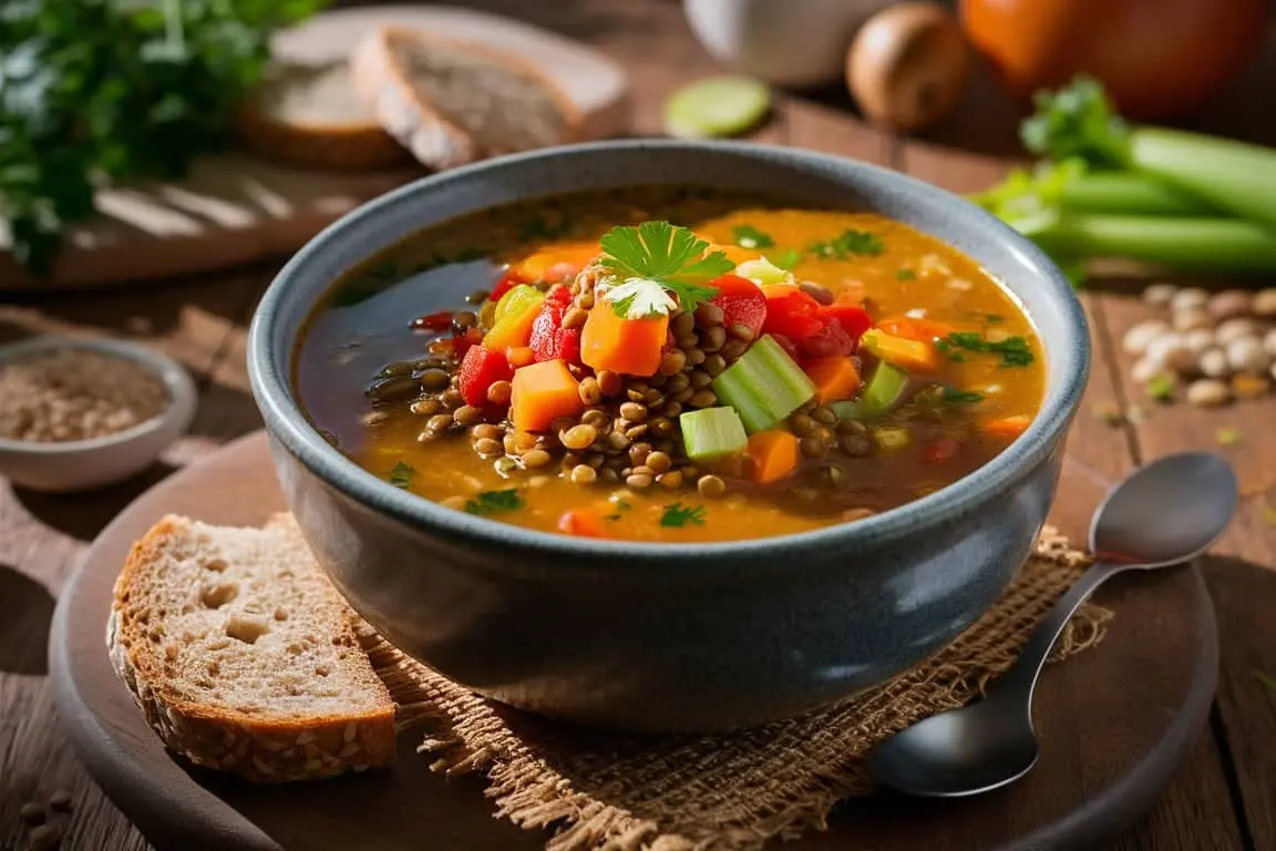 A bowl of homemade lentil soup with fresh herbs, highlighting its calories and nutritional benefits