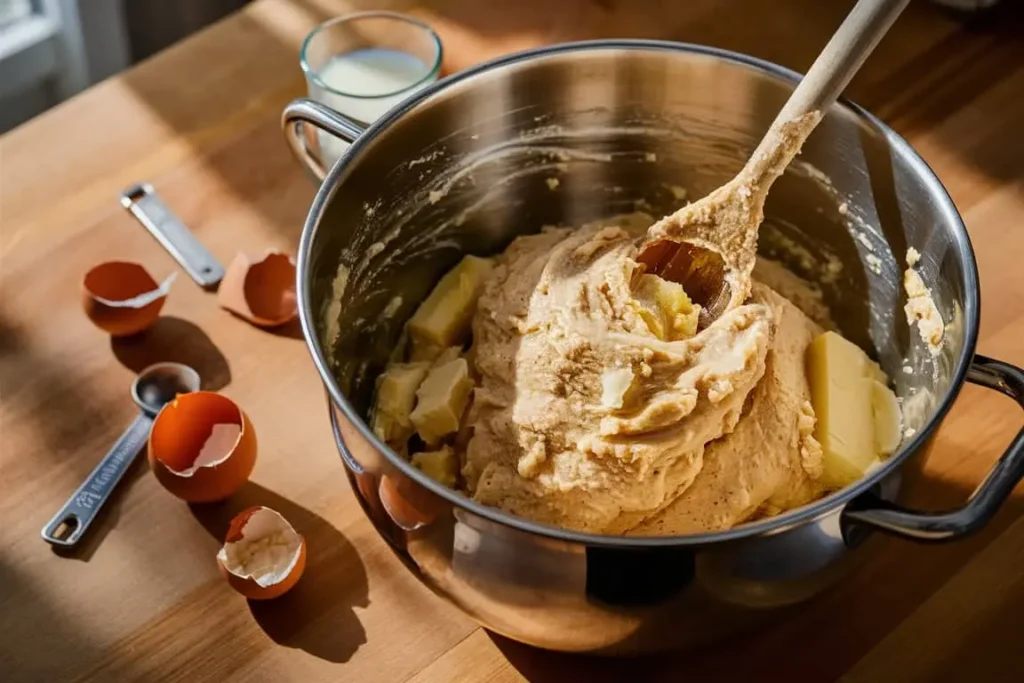 A mixing bowl with butter, sugar, mashed banana, and vanilla pudding mix being combined for banana pudding cookies.