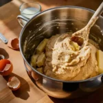 A mixing bowl with butter, sugar, mashed banana, and vanilla pudding mix being combined for banana pudding cookies.