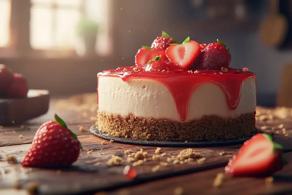 A rich, creamy strawberry cheesecake Delight topped with fresh fruit.