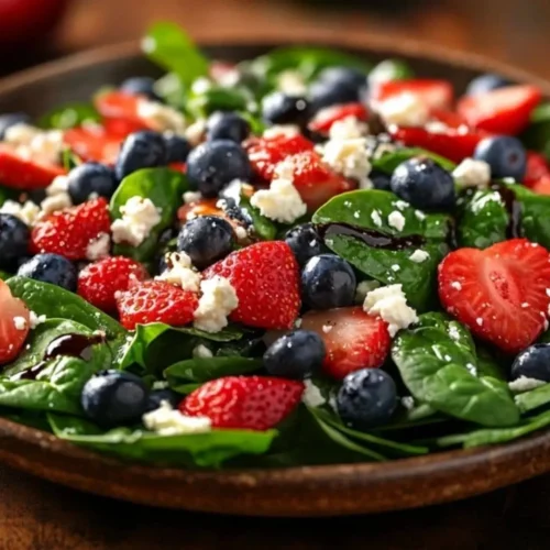 A vibrant berry spinach salad with fresh strawberries, blueberries, and crumbled feta