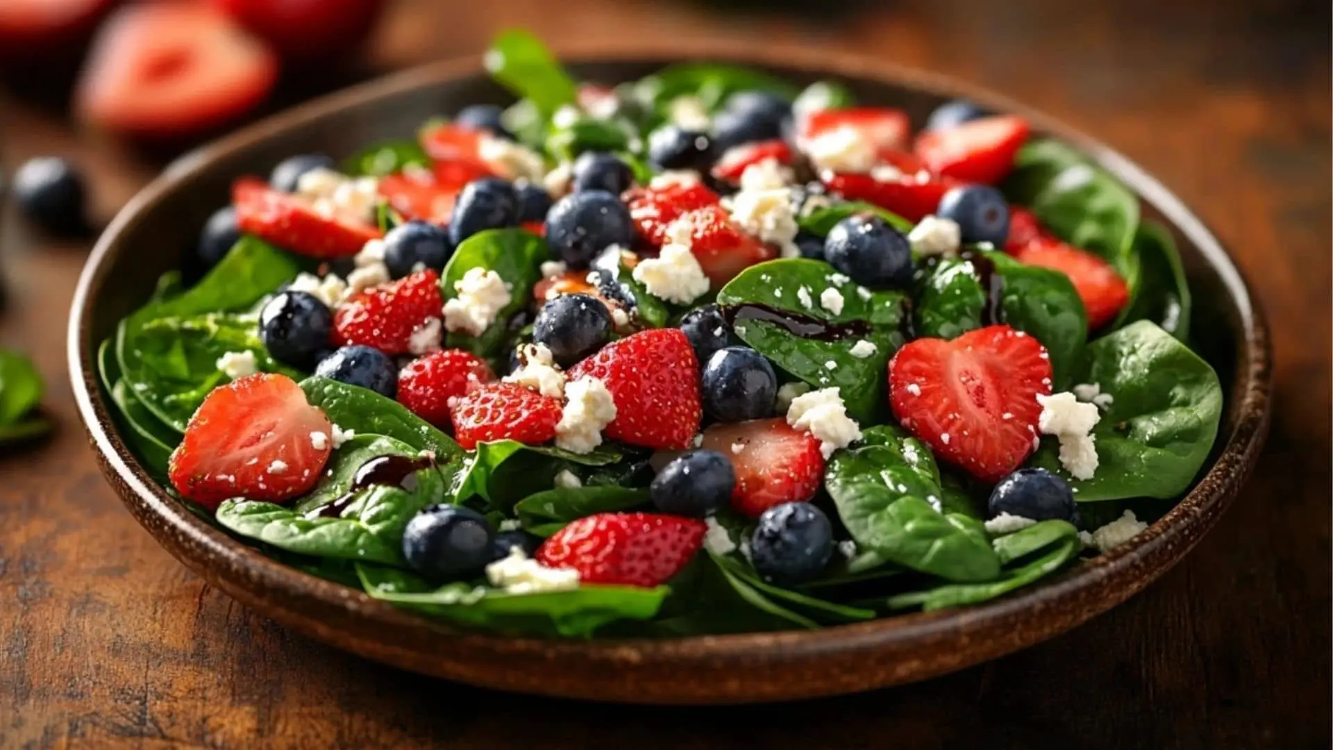 A vibrant berry spinach salad with fresh strawberries, blueberries, and crumbled feta